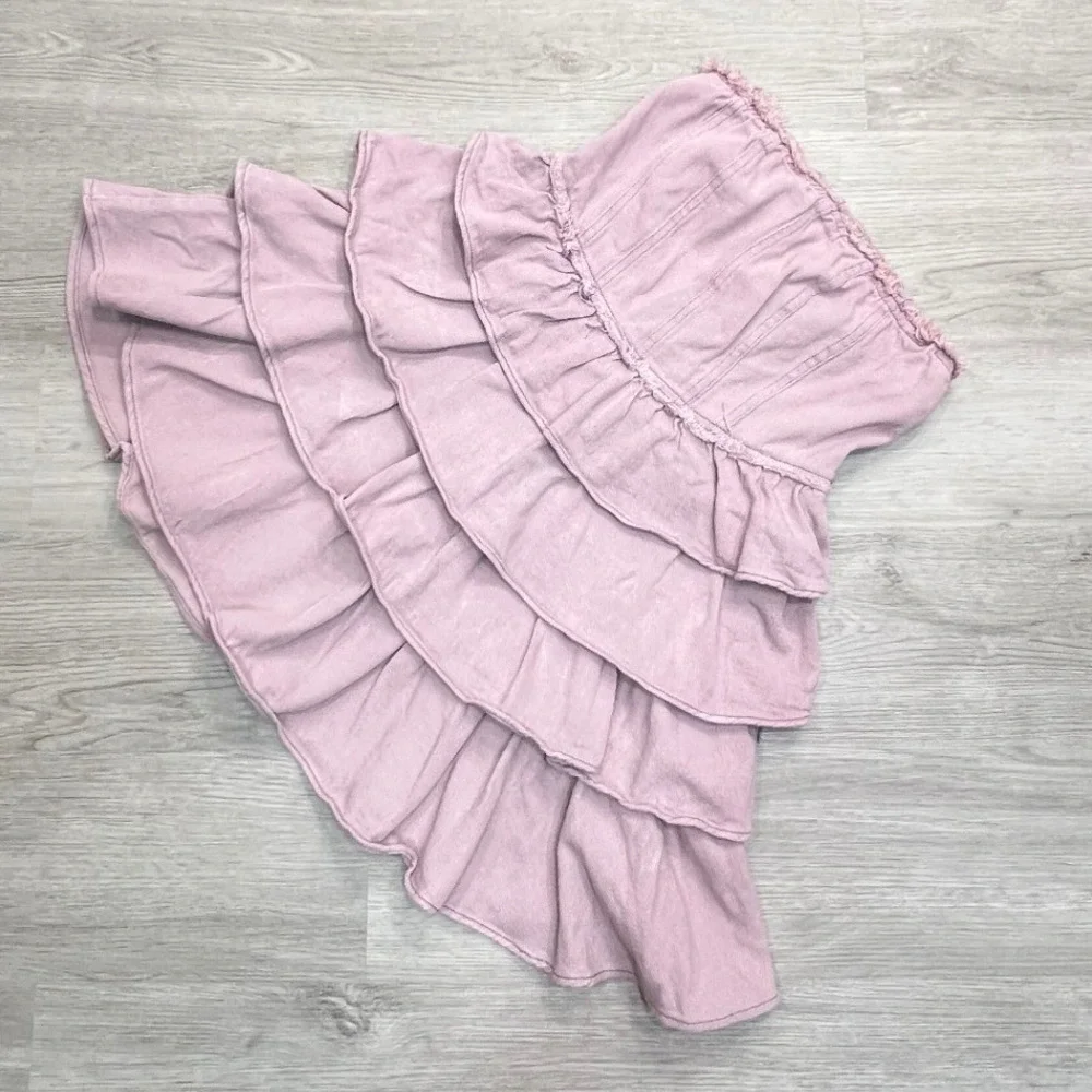 So Me Denim Strapless Tiered Ruffle Mini Dress Sz Small Smocked Mauve Pink - Picture 1 of 10